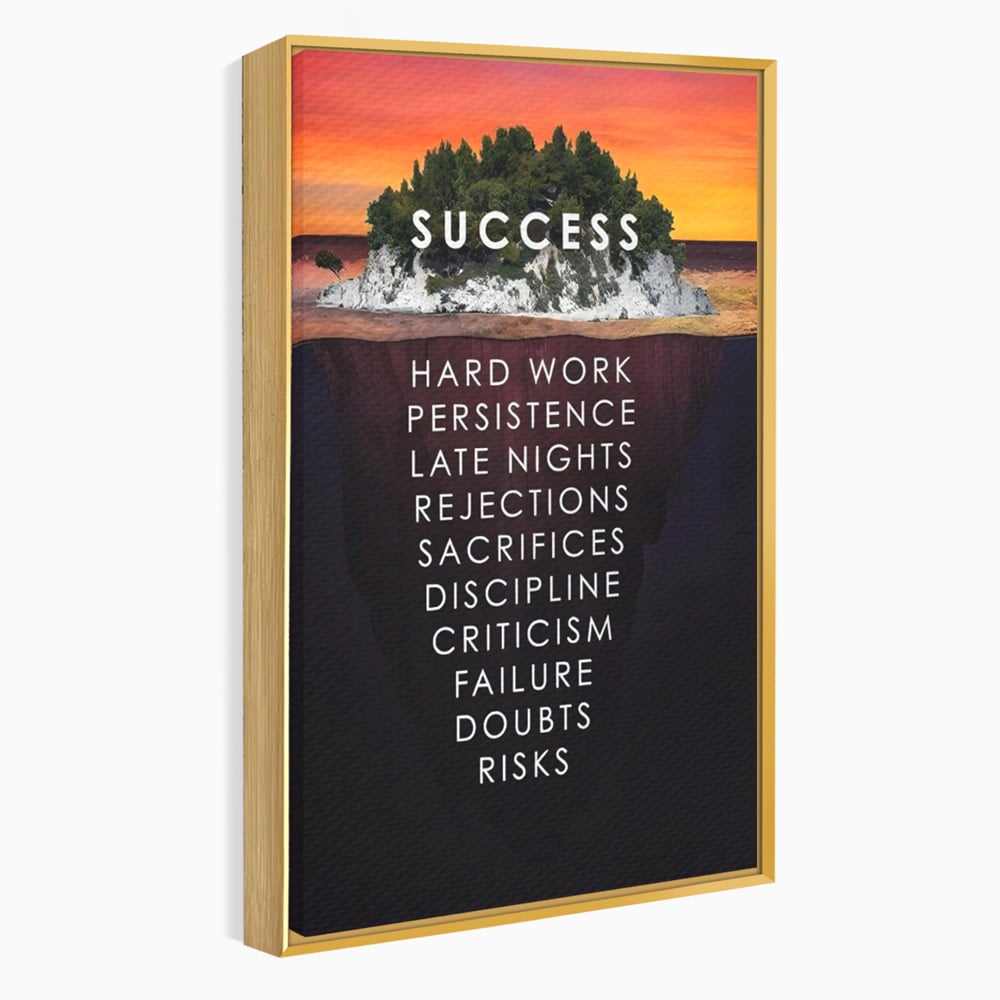 Tablou canvas cu tablou motivational cu iceberg si insula, in rama de aluminiu auriu